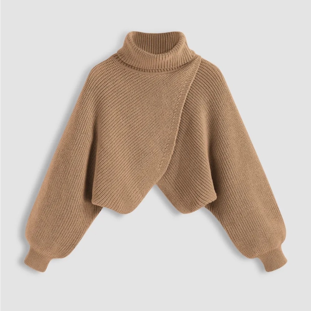 Cider Brown Cowl Neck Sweater with Balloon Sleeves